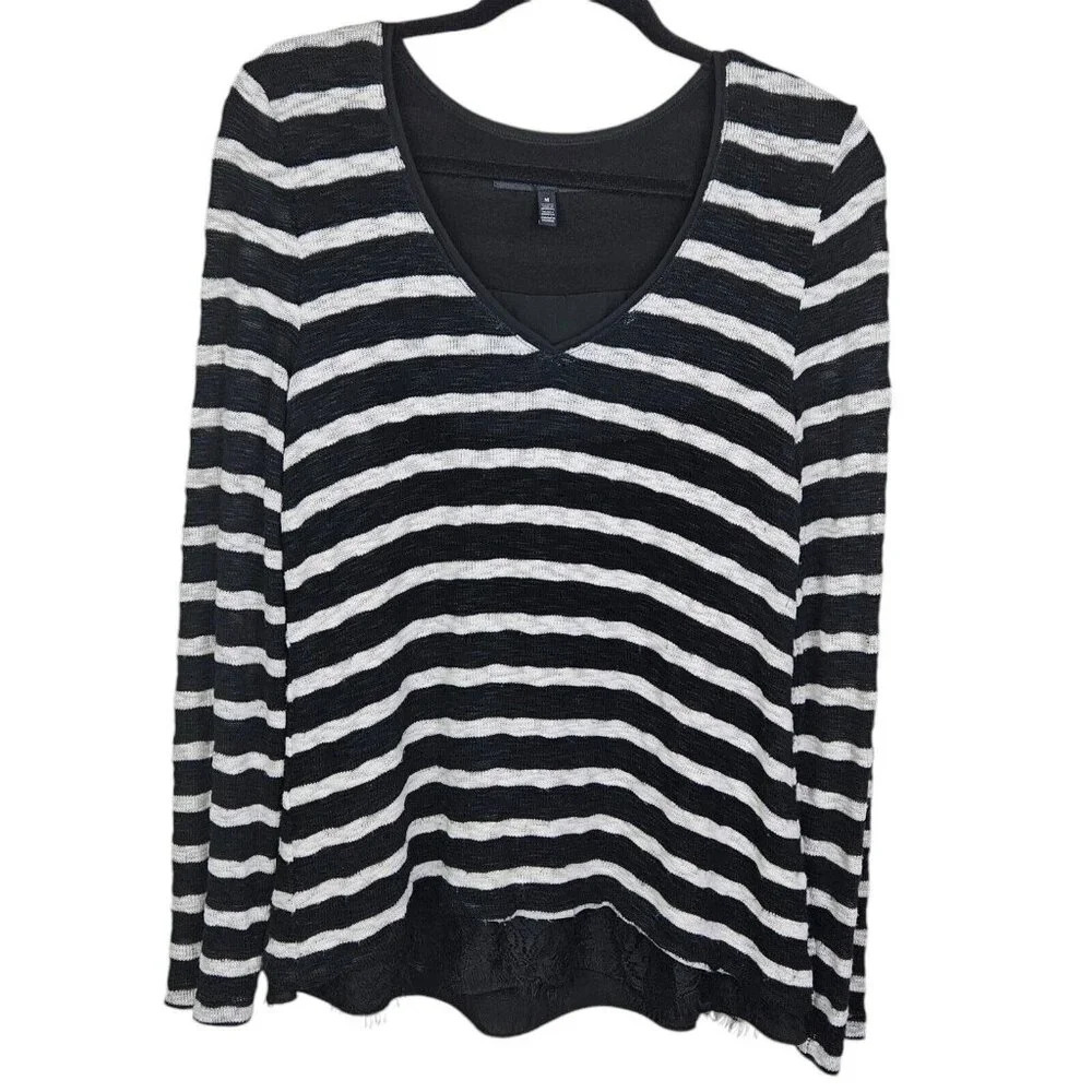 White House Black Market Long Sleeve V Neck Striped Sweater Lace Size Medium